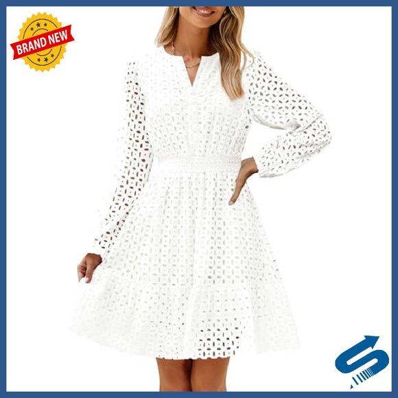 Long Sleeve Mini Dress V Neck Eyelet Embroidery Ruffle A Line Swing - Picture 2 of 8